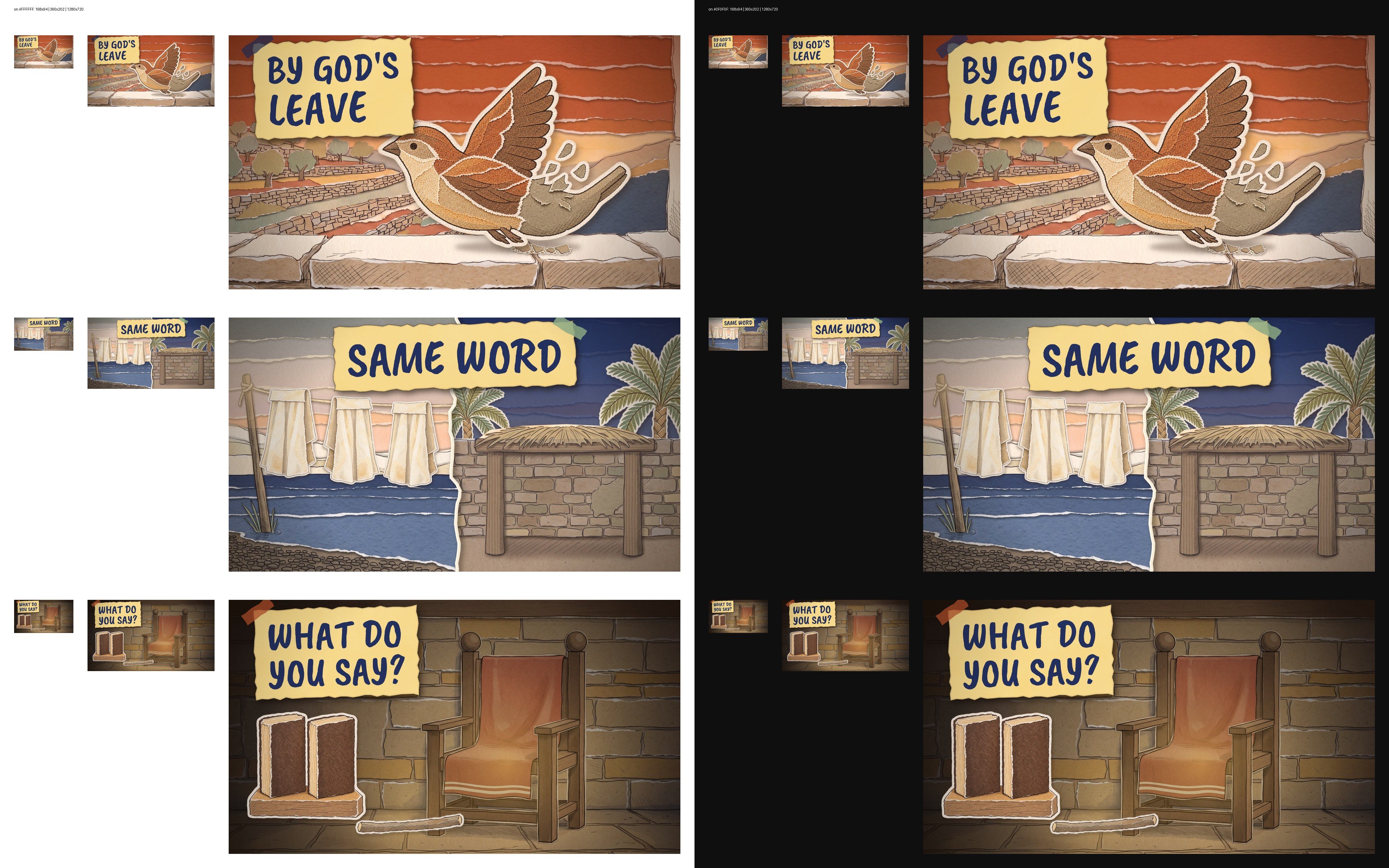 Thumbnails at phone and desktop sizes on white and dark